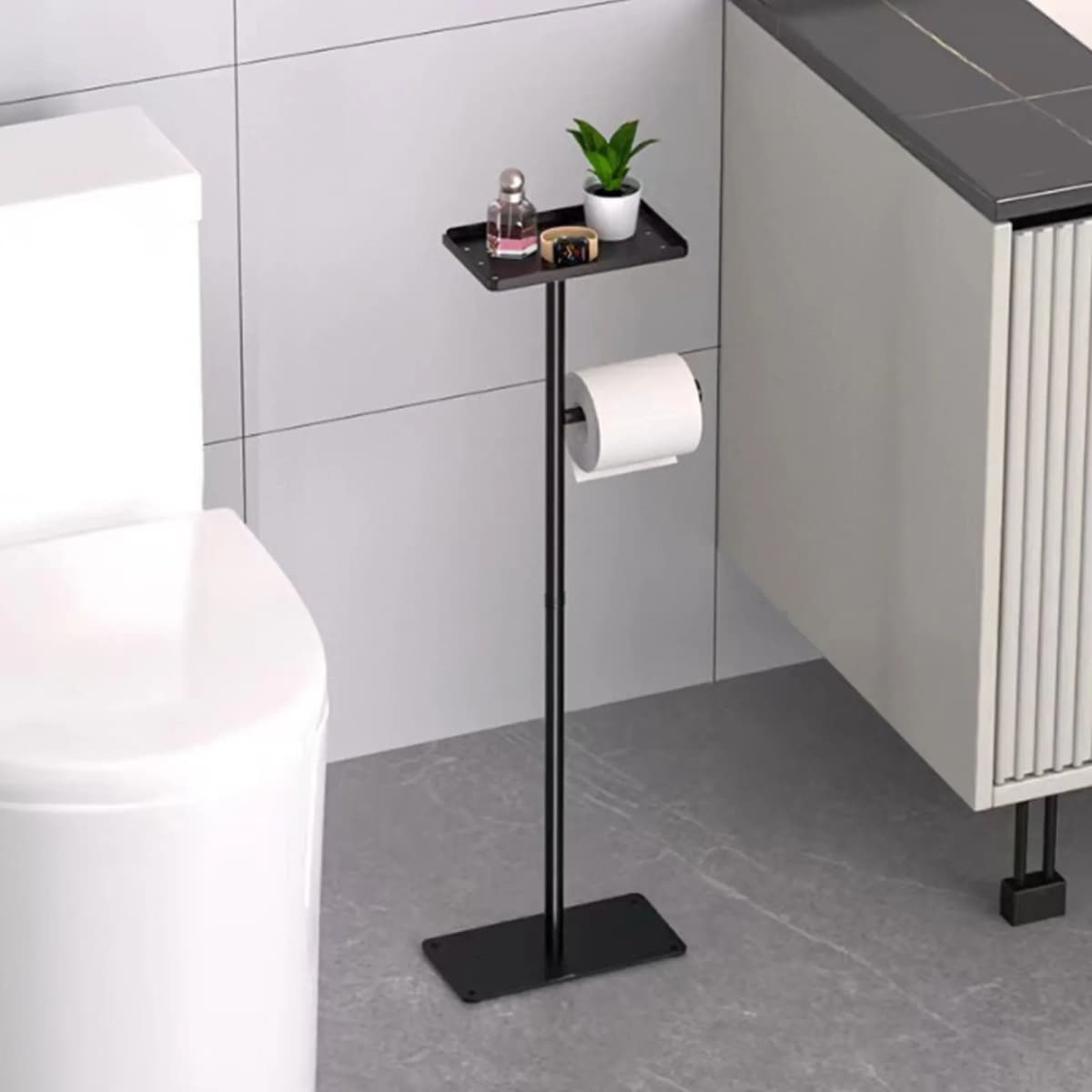 Standing Toilet Paper Holder Stand Stainless Steel Black Tissue Roll Holder Potted Plants Bathroom Standing Toilet Tissue Holder