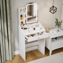 Teousev Black Modern Vanity Set with LED Bulbs Lighted Mirror, 1 Drawers, 3 Color Dimmable, Easy Assembly Bedroom Makeup Desk