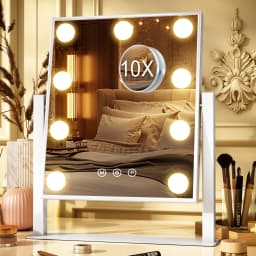 Hollywood Vanity Mirror with LED Bulbs, 3 Light Modes Dimmable, 360° Rotation, 10x Magnifying, Makeup Mirror for Bedroom Dresser