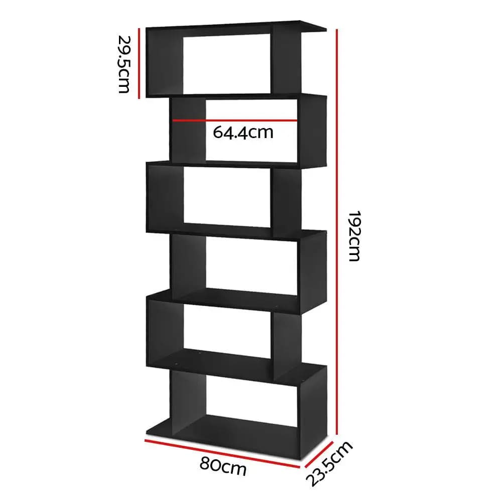 6 Tier Black Bookshelf Freestanding Tall Storage Organizer Wooden Display Shelf for Home Office Living Room Space Saving Furniture
