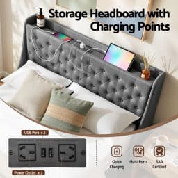 Double Bed Frame 4 Storage Drawers Charging Station Tufted Wingback Headboard Charcoal Grey 300kg Load