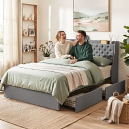 Double Bed Frame 4 Storage Drawers Charging Station Tufted Wingback Headboard Charcoal Grey 300kg Load