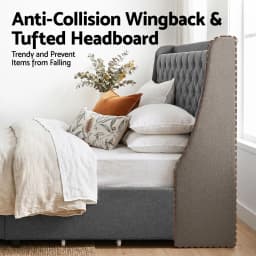 Double Bed Frame 4 Storage Drawers Charging Station Tufted Wingback Headboard Charcoal Grey 300kg Load