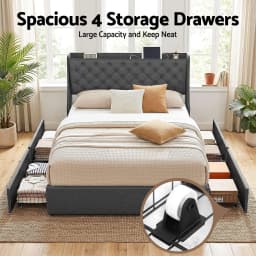 Double Bed Frame 4 Storage Drawers Charging Station Tufted Wingback Headboard Charcoal Grey 300kg Load