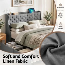 Double Bed Frame 4 Storage Drawers Charging Station Tufted Wingback Headboard Charcoal Grey 300kg Load