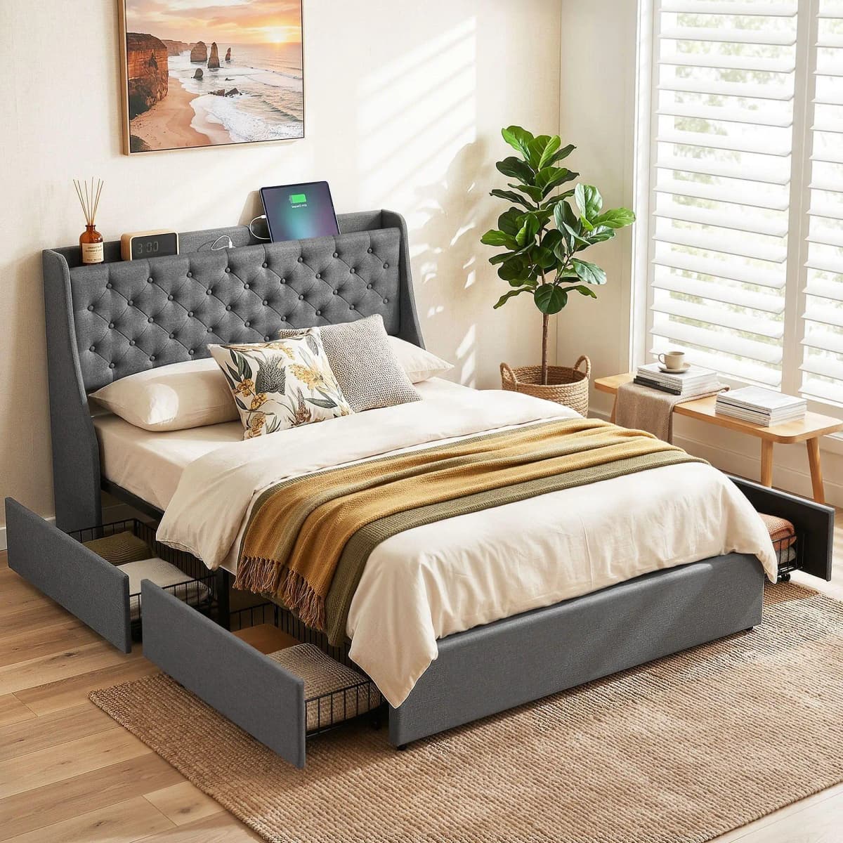 Double Bed Frame 4 Storage Drawers Charging Station Tufted Wingback Headboard Charcoal Grey 300kg Load