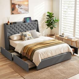 Double Bed Frame 4 Storage Drawers Charging Station Tufted Wingback Headboard Charcoal Grey 300kg Load