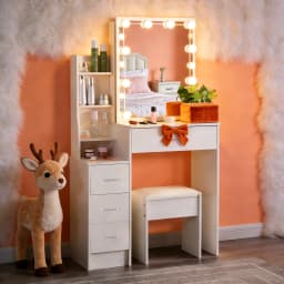 Makeup Vanity Desk, 3 Color Adjustable Dimmable LED Mirror, 6 Drawers Storage, Modern Bedroom Dresser
