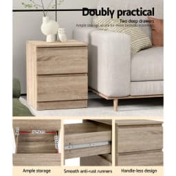 2 Piece Oak Bedside Table with 2 Drawers Modern Nightstand for Bedroom Storage Furniture
