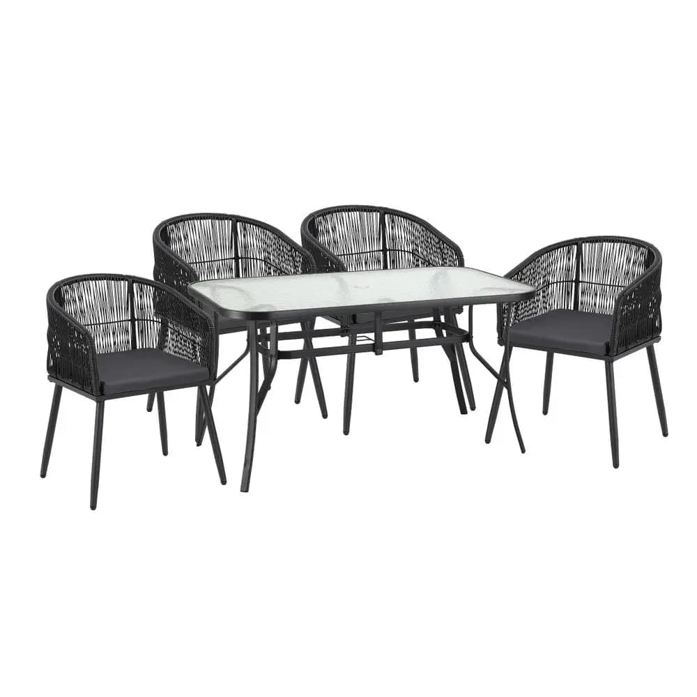 5 Piece Outdoor Dining Set Table and Chairs Patio Furniture Bistro Set Black Rattan Style Garden Use