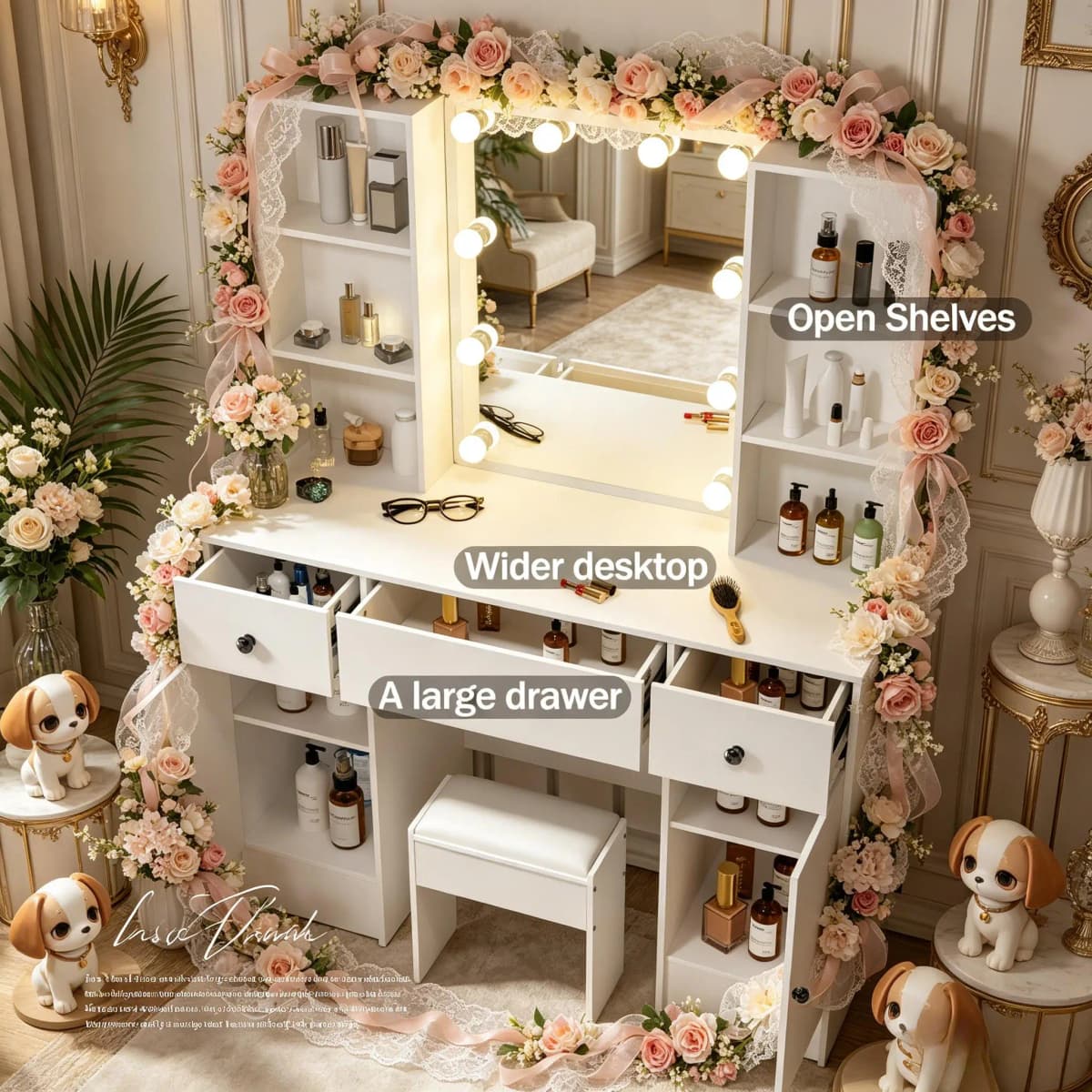 White Hollywood Vanity Set, Touch 3 Color LED Mirror, 6 Drawers with Cushioned Stool, Easy Assembly