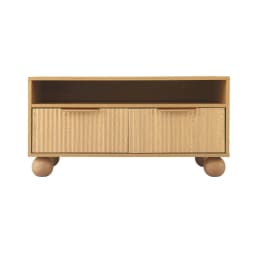 Wooden Fluted Coffee Table 90cm Center Table with Drawers Open Shelf and Spherical Solid Legs