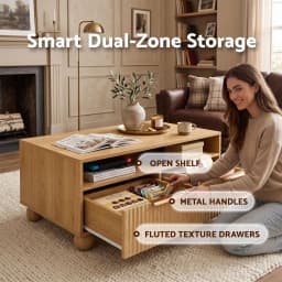 Wooden Fluted Coffee Table 90cm Center Table with Drawers Open Shelf and Spherical Solid Legs