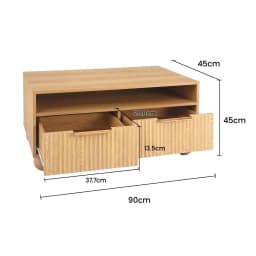 Wooden Fluted Coffee Table 90cm Center Table with Drawers Open Shelf and Spherical Solid Legs