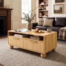Wooden Fluted Coffee Table 90cm Center Table with Drawers Open Shelf and Spherical Solid Legs