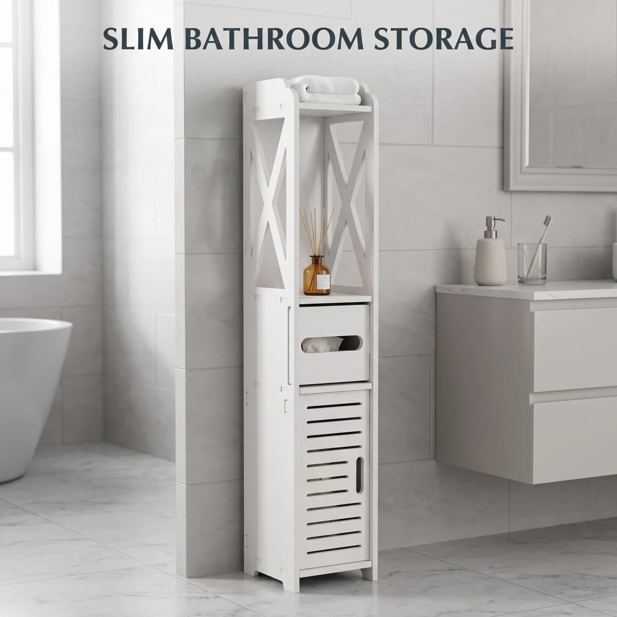Bathroom Storage Cabinet White Wood Toilet Furniture Organizer with Shelf for Tissue Towel Bathroom Essentials 80x15.5x15CM