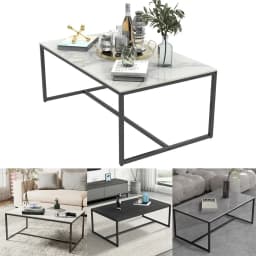 LUVODI 100cm Long Rectangle Coffee Table with Sintered Stone Tabletop,White Black Grey Chic Couch Accent Table for Living Room