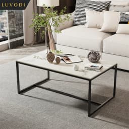 LUVODI 100cm Long Rectangle Coffee Table with Sintered Stone Tabletop,White Black Grey Chic Couch Accent Table for Living Room