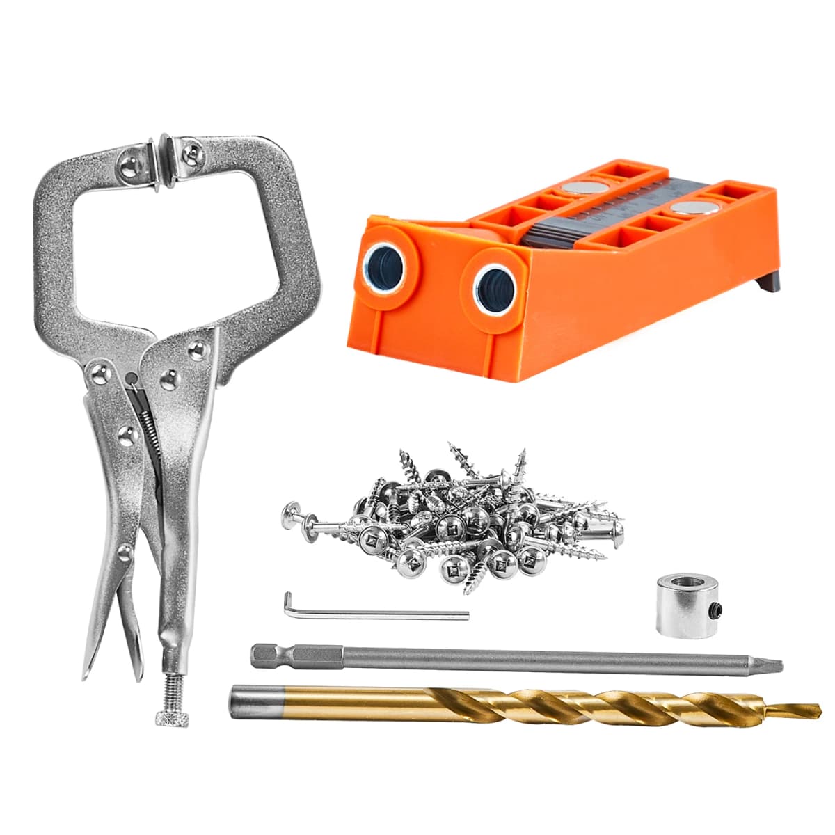 SucceBuy 56 Pcs Pocket Hole Jig Mini Jig Pocket Hole System with 9" C-clamp Step Drill Wrench Drill Stop Ring Square Drive Bit