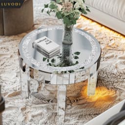 LUVODI Luxury Modern Round Mirrored Coffee Table with Crystal Diamonds Inlay, Accent Side Table for Living Room Bedroom