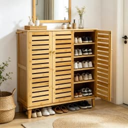 2 Or 3 Doors Bamboo Shoe Storage Cabinet 5 Tiered Shelves Organizer Rack for Entryways Hallways with Ventilated Slatted