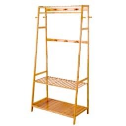 Heavy Duty Free Standing Bamboo Garment Rack with Storage Shelves And Hooks Clothes Hanging Stand Organizer for Home