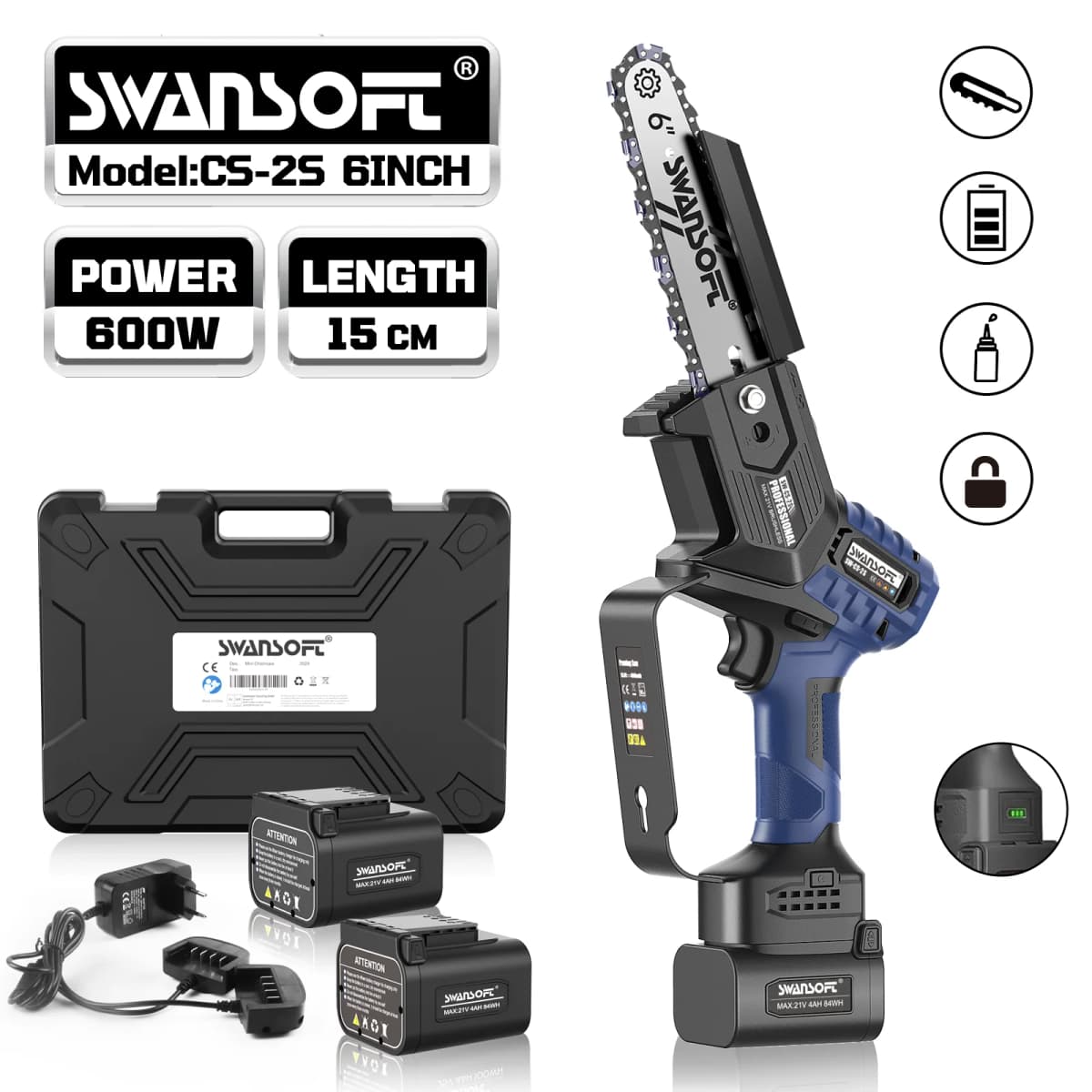 600W Electric Chainsaw 15cm Guide Bar - Cordless Battery Powered for Wood Cutting Stock EU/AU/BR/CL 2×4.0Ah Batteries Included