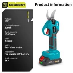 NEWBENY 30mm 4 Gear Brushless Electric Pruning Shears Rechargeable Garden Fruit Tree Scissors Tool For Makita 18V Battery Pin