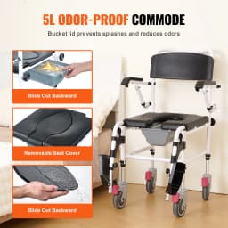SucceBuy Shower Commode Wheelchair with4Lockable Wheels Footrests Flip-up Arms3-Level Adjustable Height 5L Removable Bucket