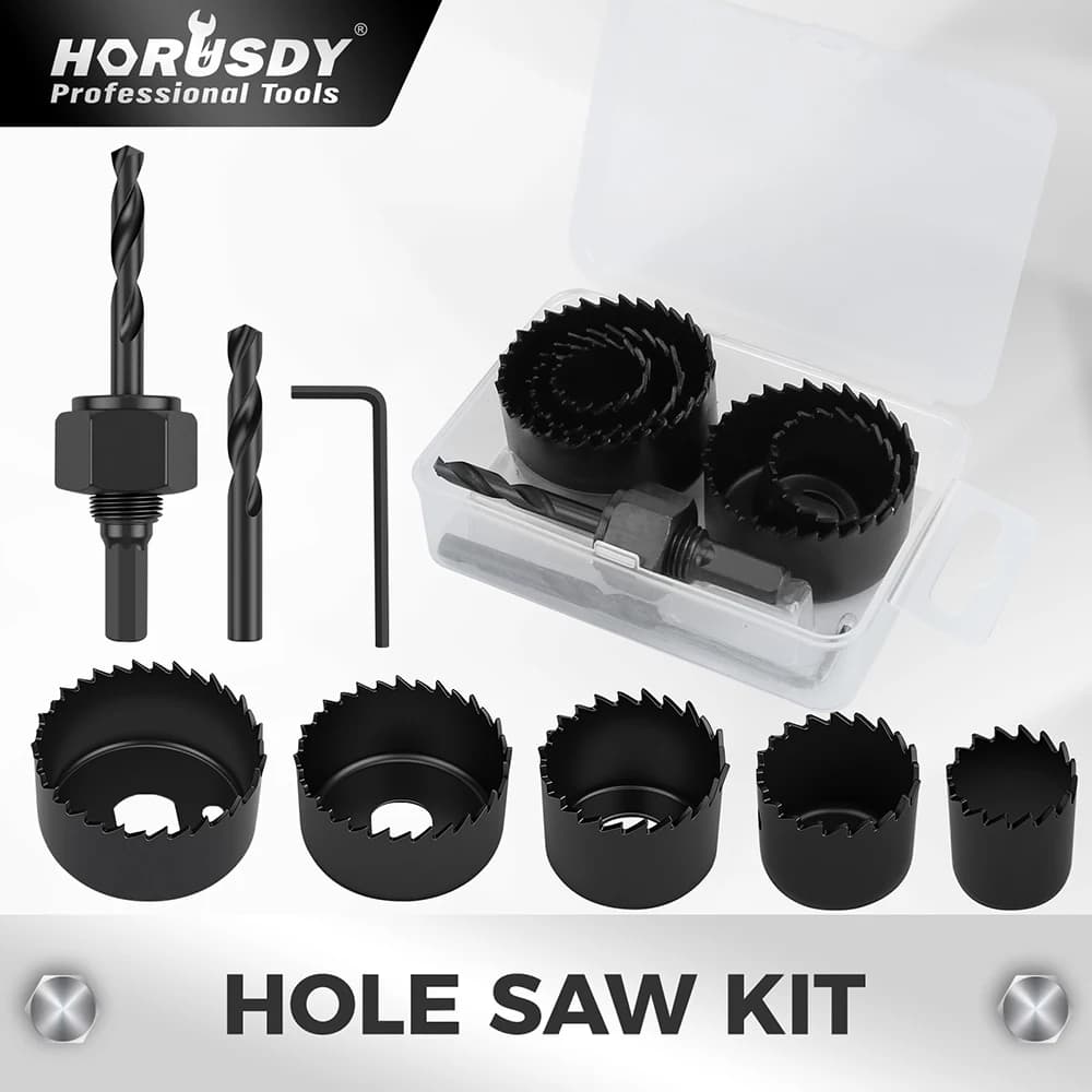 HORUSDY 8-Pieces Hole Saw Kit 25-54mm Drill Bits Hex Key Plywood PVC Board Soft Wood Au