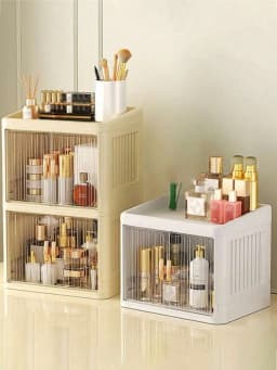 1pc Multi-Functional Assembled Foldable Desktop Double-Door Cosmetics Storage Box, Large Capacity Waterproof Dustproof Plastic