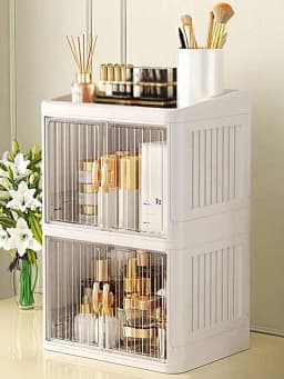 1pc Multi-Functional Assembled Foldable Desktop Double-Door Cosmetics Storage Box, Large Capacity Waterproof Dustproof Plastic