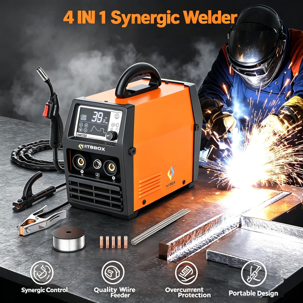 HITBOX HIM200 Welder Synergic MMA Flux MIG Lift TIG Spool Gun 4-in-1 Multi-process Portable Semi-Automatic Welding Tool for DIY Workshop