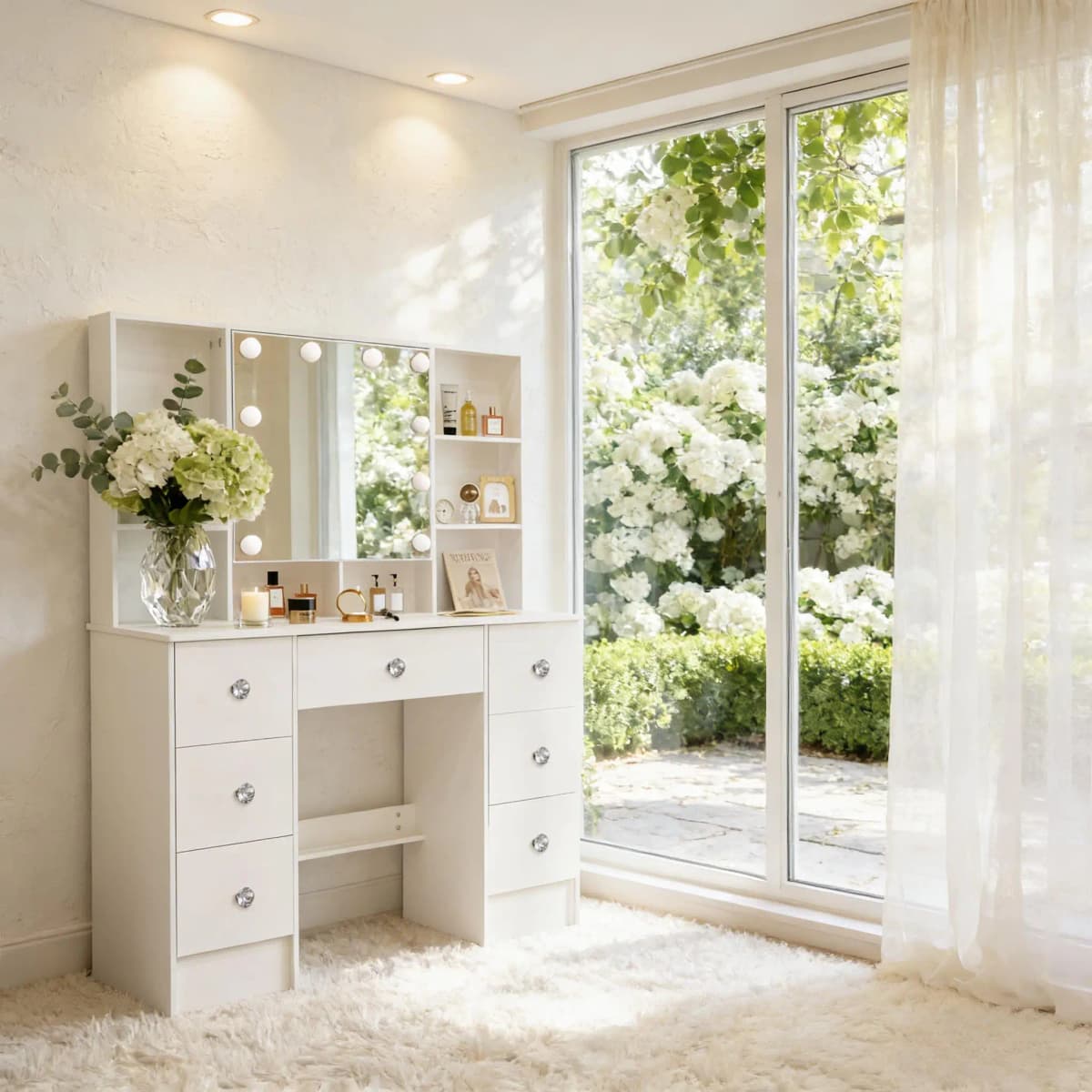 7 Drawers Makeup Vanity Desk with 3 Color Led Lighted Mirror, Bedroom Storage Dresser Desk