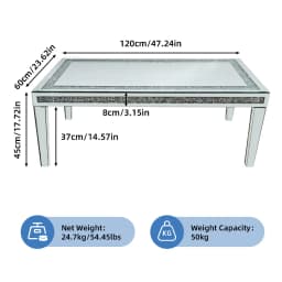 120cm Long Luxury Rectangular Mirrored Coffee Table with Crystal Diamonds Inlay, Living Room Center Table Furniture