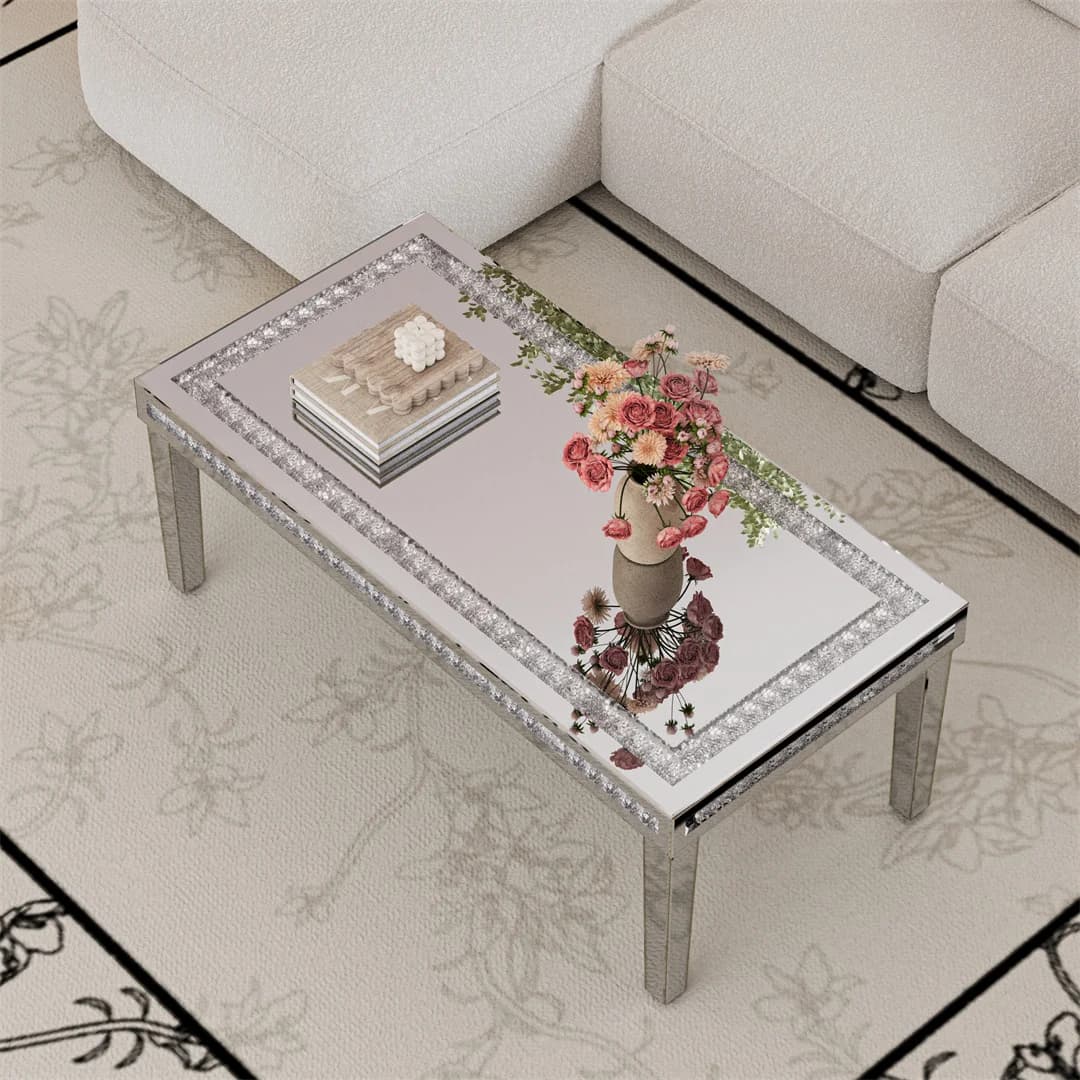 120cm Long Luxury Rectangular Mirrored Coffee Table with Crystal Diamonds Inlay, Living Room Center Table Furniture