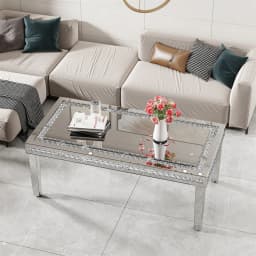 120cm Long Luxury Rectangular Mirrored Coffee Table with Crystal Diamonds Inlay, Living Room Center Table Furniture