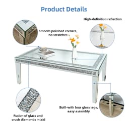 120cm Long Luxury Rectangular Mirrored Coffee Table with Crystal Diamonds Inlay, Living Room Center Table Furniture