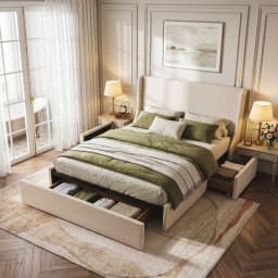 Double Upholstered Bed Frame with 3 Storage Drawers Wingback Headboard Heavy Duty Metal Platform Base