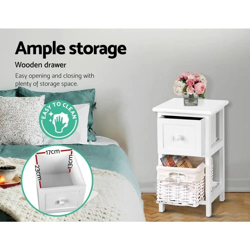 Rustic White Bedside Table 1 Drawer with Basket Wooden Nightstand Storage Cabinet for Bedroom Living Room End Table