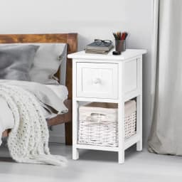 Rustic White Bedside Table 1 Drawer with Basket Wooden Nightstand Storage Cabinet for Bedroom Living Room End Table