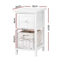 Rustic White Bedside Table 1 Drawer with Basket Wooden Nightstand Storage Cabinet for Bedroom Living Room End Table