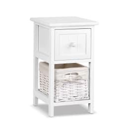Rustic White Bedside Table 1 Drawer with Basket Wooden Nightstand Storage Cabinet for Bedroom Living Room End Table