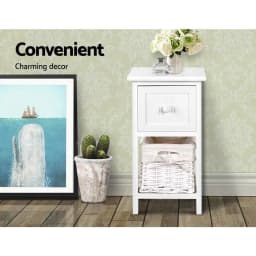 Rustic White Bedside Table 1 Drawer with Basket Wooden Nightstand Storage Cabinet for Bedroom Living Room End Table