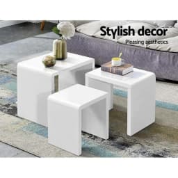 Modern Glossy White Nesting Coffee Table Set of 3 Round Living Room Side Tables Space Saving Coffee Tables for Home Lounge Decor