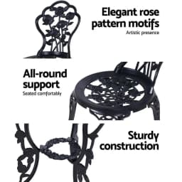 3 Piece Outdoor Bistro Set Cast Aluminum Rose Black Patio Chairs and Table
