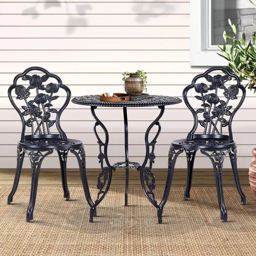 3 Piece Outdoor Bistro Set Cast Aluminum Rose Black Patio Chairs and Table