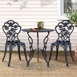3 Piece Outdoor Bistro Set Cast Aluminum Rose Black Patio Chairs and Table
