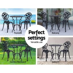 3 Piece Outdoor Bistro Set Cast Aluminum Rose Black Patio Chairs and Table