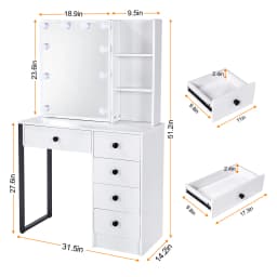Teousev White Hollywood Vanity Set, 3-Colour Dimmable LED Bulb Mirror, 5 Drawers Storage Makeup Dressing Table for Women Bedroom